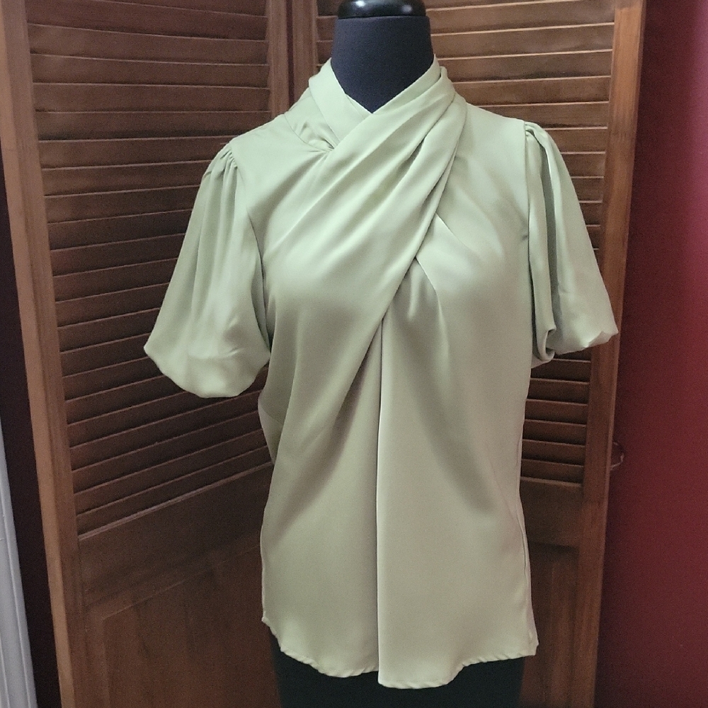 Green Wrap Blouse with Puff Sleeves and Mandarin Collar